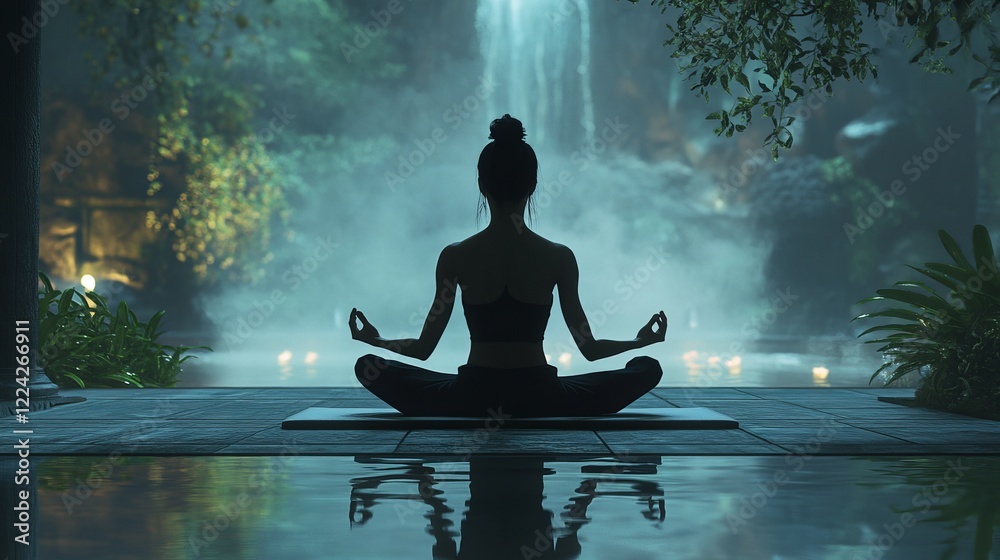 Serene Meditation by Waterfall in Lush Jungle Setting with Misty Atmosphere and Tranquil Reflections Serene Meditation by Waterfall in Lush Jungle Setting with Misty Atmosphere and Tranquil Reflections