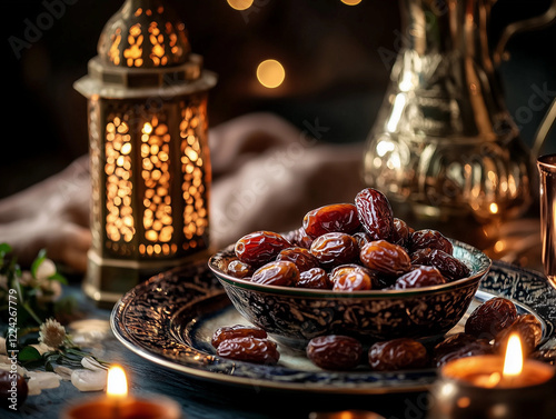 Ramadan iftar breaking fast with dates and water. Arabic lantern on the table. Dinner in the restaurant photo