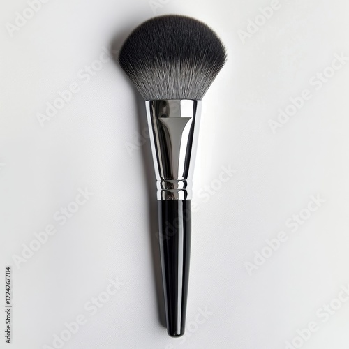 Black-handled powder brush with silver ferrule and soft bristles on white background. photo