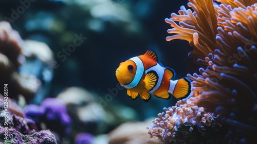 Clownfish swimming aquarium coral reef background