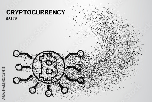Cryptocurrency symbols composed of small circles and dots, with particles swirling around them. Vector illustration.