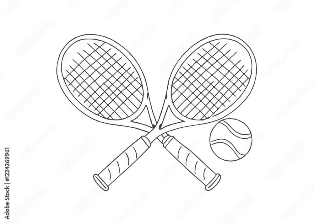 Tennis rackets crossed, tennis logo, crossed tennis racquets, editable vector stroke saddle icon on white background Tennis rackets crossed, tennis logo, crossed tennis racquets, editable vector stroke saddle icon on white background