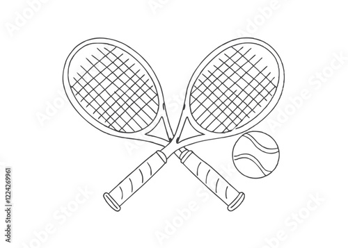 Tennis rackets crossed, tennis logo, crossed tennis racquets, editable vector stroke saddle icon on white background