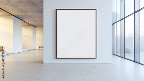 A blank 16x20 frame mockup on a light neutral wall in a spacious modern gallery setting with city view