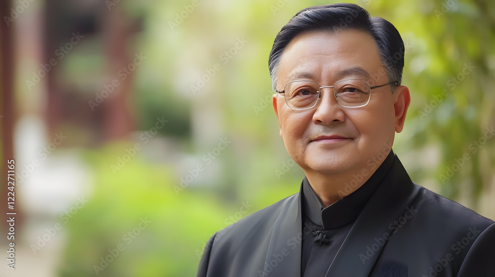 Elderly Man with Glasses Smiling Outdoors in a Black Jacket : Generative AI Elderly Man with Glasses Smiling Outdoors in a Black Jacket : Generative AI