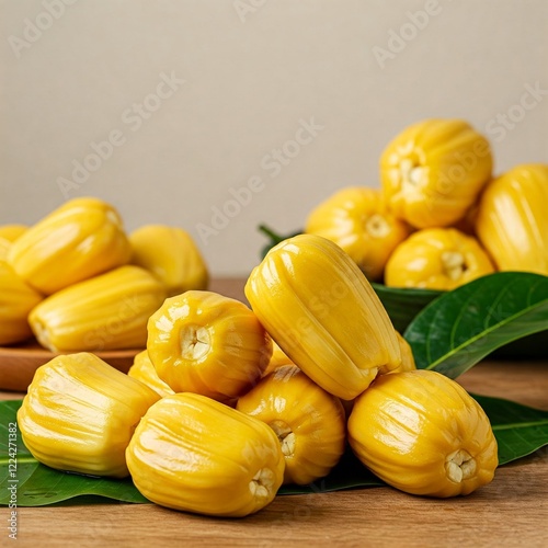 A vibrant and appetizing display of fresh jackfruit (nangka) on a rustic wooden table photo