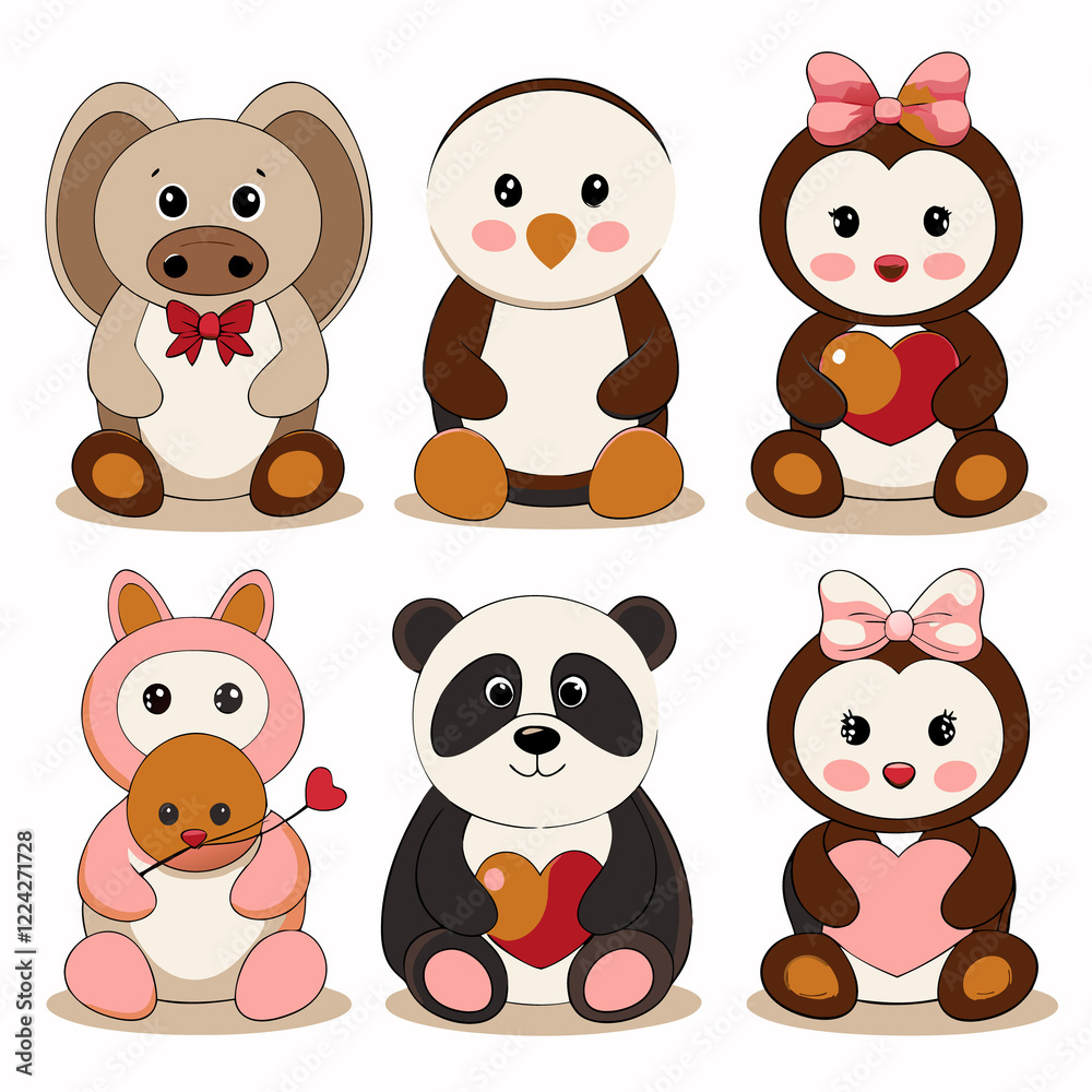 Fototapeta premium Six adorable cartoon animals holding hearts. (1)
