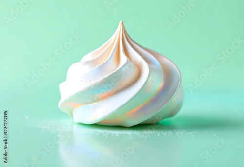 A single, perfectly swirled meringue cookie sits on a mint green background, glistening with iridescent sparkles.  Its creamy white peaks and delicate texture are showcased in this close-up shot, crea photo