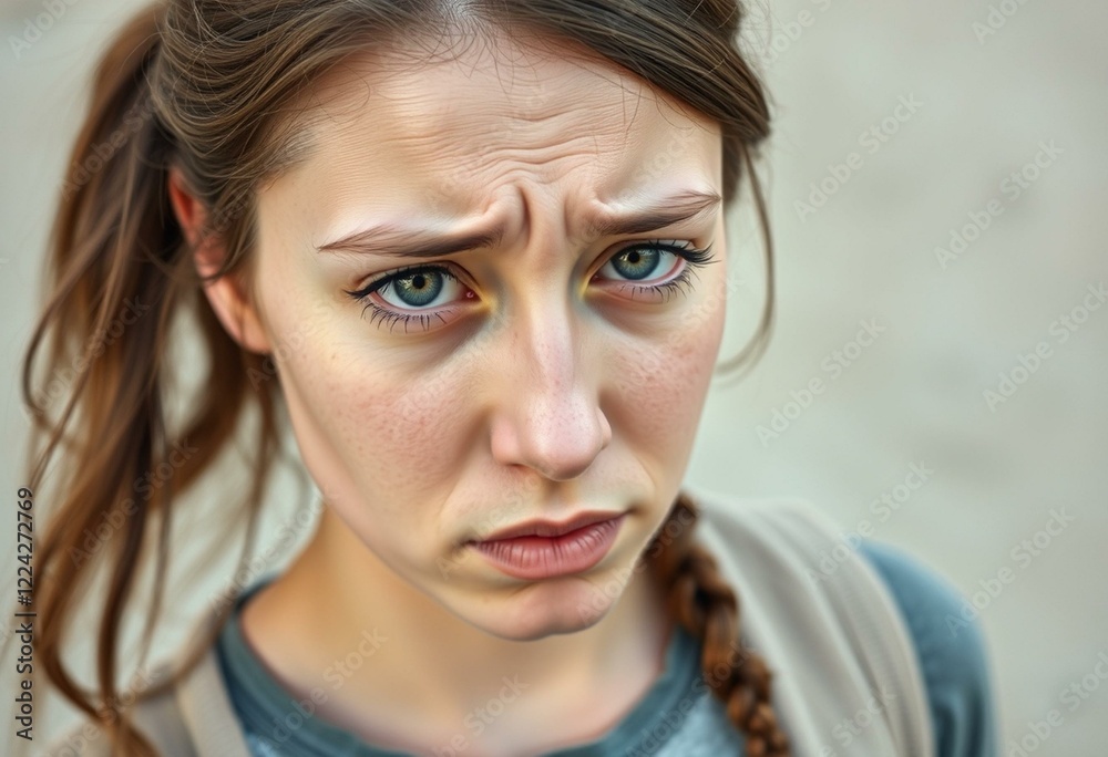 A young female standing outdoors with a neutral background, expressing negative emotions A young female standing outdoors with a neutral background, expressing negative emotions