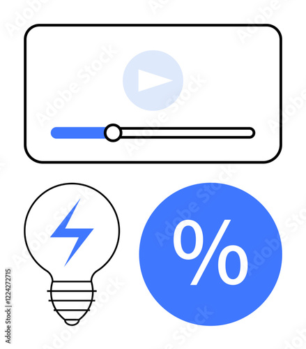 Play button on video interface, lightbulb with lightning, and percentage icon. Ideal for digital media, innovation, energy, education, engagement technology creativity. Abstract line flat metaphor
