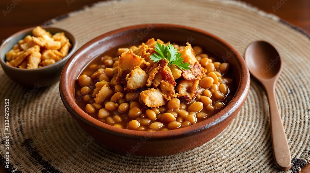Feijão com Torresmo (Beans with Pork Cracklings) served in a rustic clay bowl (Bahian Cuisine) Feijão com Torresmo (Beans with Pork Cracklings) served in a rustic clay bowl (Bahian Cuisine)