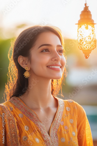 young indian woman holding oil lamps photo