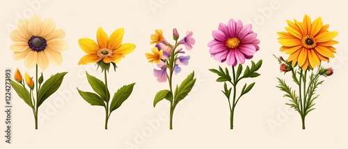 Five painted flowers in pastel colors on a light background for a spring or summer theme