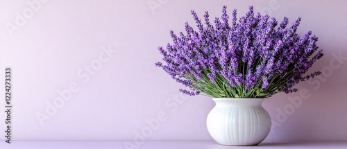 Lavender bouquet in white vase against light purple wall on table with copy space for text