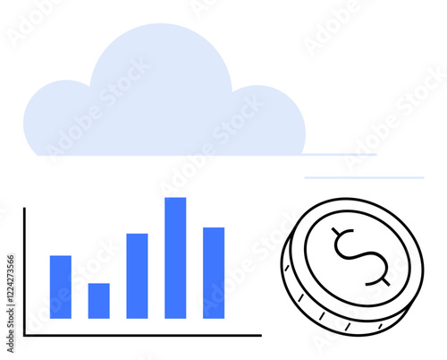 Bar graph in blue beside a coin with dollar sign and a cloud in the background. Ideal for finance, cloud services, data analysis, economics, business, technology, investment themes. Line metaphor