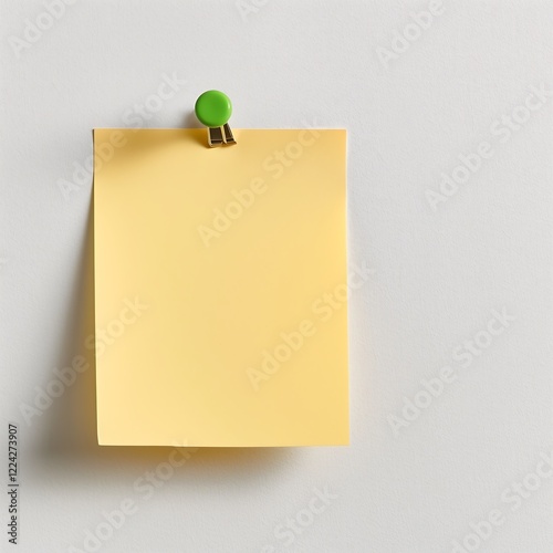 a blank yellow sticky note pinned on white wall with green pushpin