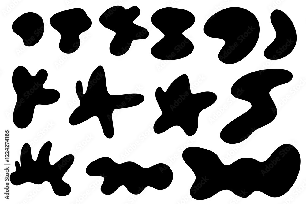 Fototapeta premium Organic random spot. Nature irregular shapes, stone or liquid black blobs. Abstract pebble silhouettes, blotch and inkblot. Simple minimal liquid splodge elements water forms isolated on white.