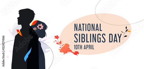 Siblings Day, April 10. Greeting template to commemorate national brothers' day. Featuring vector illustrations of silhouettes of little boys and girls.
