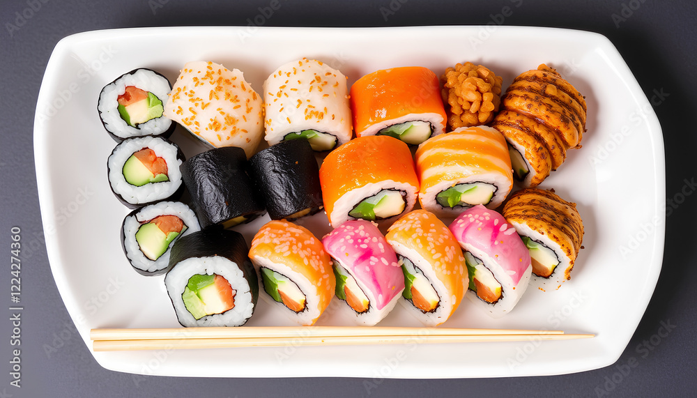 A selection of sushi rolls placed neatly on a white ceramic platter with chopsticks beside it. A selection of sushi rolls placed neatly on a white ceramic platter with chopsticks beside it.
