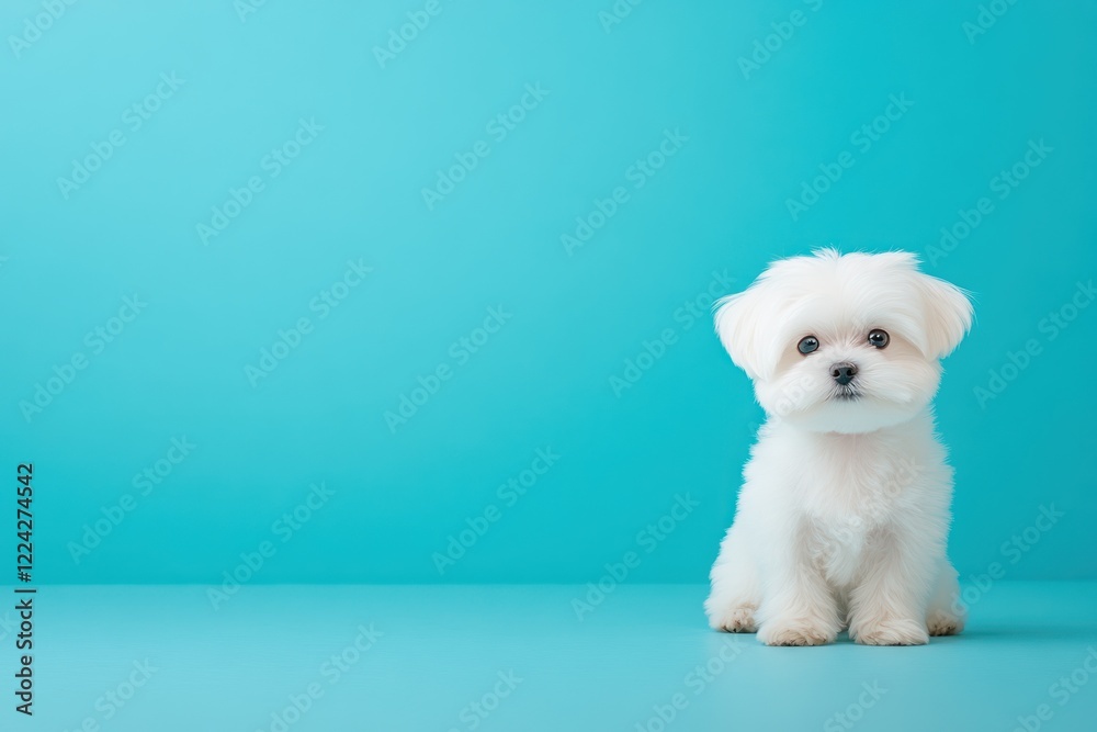 Minimalist portrait of a playful Bichon Maltese against blue background in a neutral studio - Isolated domestic pet Minimalist portrait of a playful Bichon Maltese against blue background in a neutral studio - Isolated domestic pet