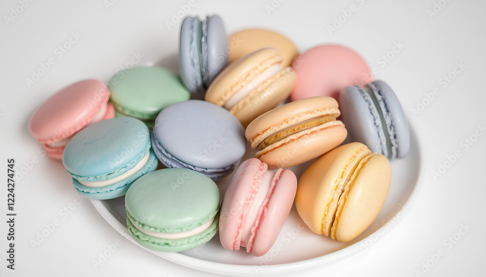 A plate of colorful macarons in pastel shades neatly arranged on a plain white background A plate of colorful macarons in pastel shades neatly arranged on a plain white background