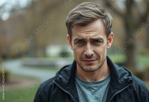 Sad male person in a park