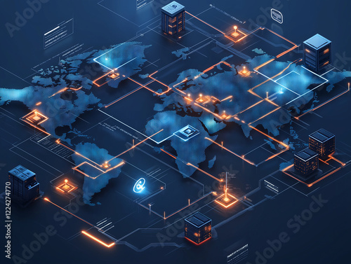  An isometric illustration of a global DNS network with Cloudflare branding, featuring a world map with interconnected data centers (PoPs), glowing connection lines, and security