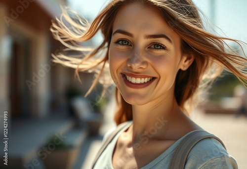 Outdoor portrait of a smiling female with a gentle breeze blowing her hair