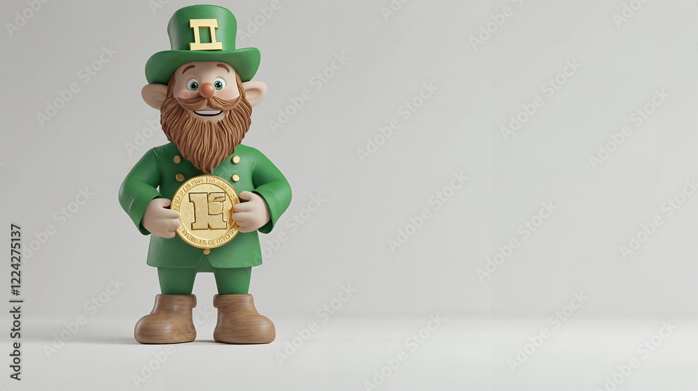 Fototapeta premium Leprechaun figurine holding golden coin wearing green outfit with hat and boots, cheerful expression, standing against neutral background with soft lighting.