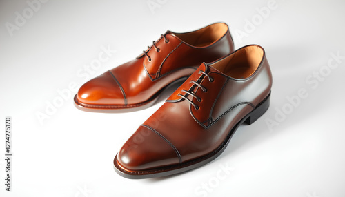 A pair of designer leather shoes with polished surfaces, elegantly lit to highlight their craftsmanship, on a white background
 photo