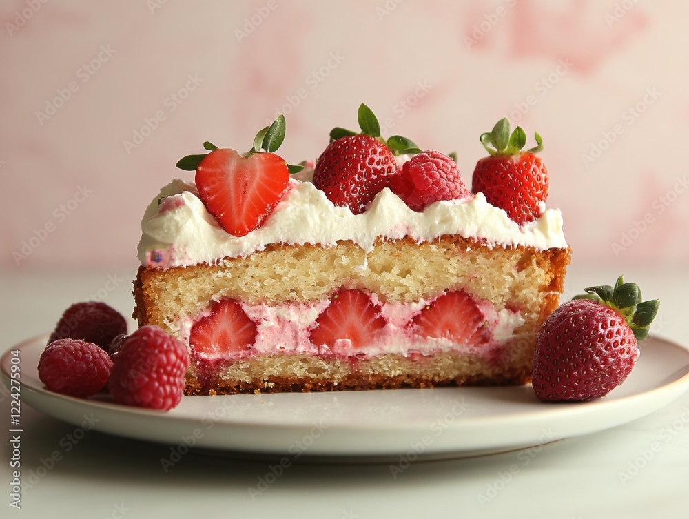 Delicious strawberry cake slice with fresh berries and cream on a white plate against pink background Delicious strawberry cake slice with fresh berries and cream on a white plate against pink background