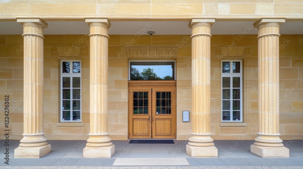 Obraz premium International court facade with grand architecture and flagpoles, symbolizing justice and global cooperation in resolving disputes.