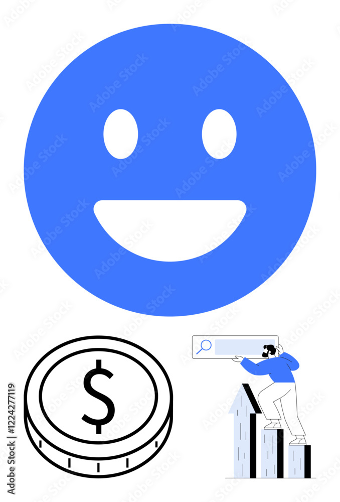 Fototapeta premium Blue smiling face above dollar coin and man with magnifier climbing bar chart. Ideal for business growth, financial planning, goal achievement, innovation, economy, teamwork, abstract line flat