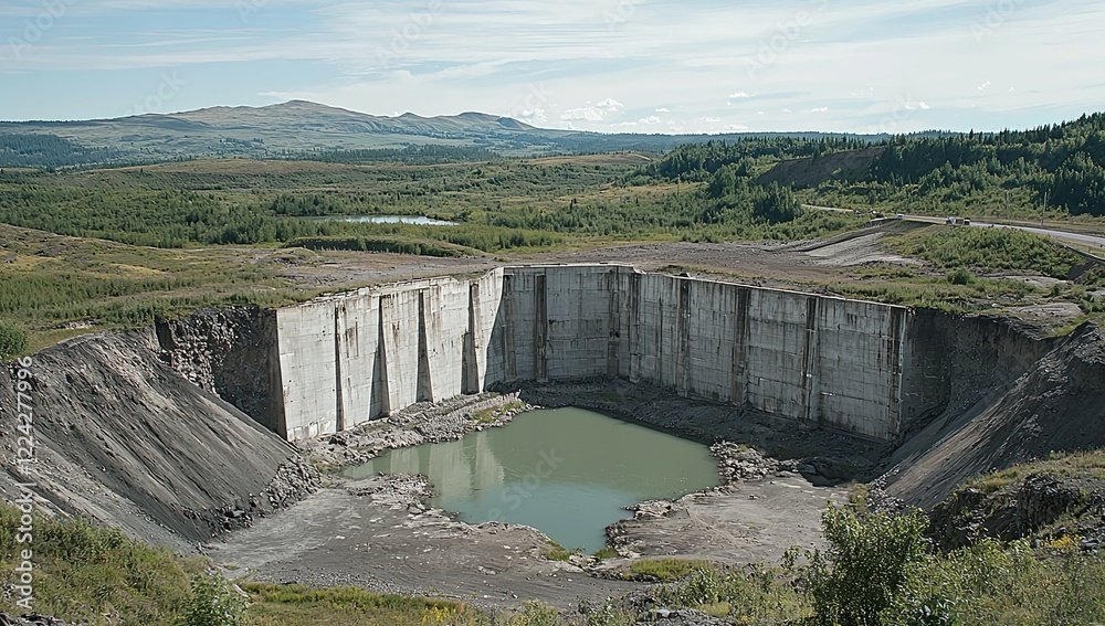 Abandoned concrete structure in a quarry pit with water, hills, and road in background Abandoned concrete structure in a quarry pit with water, hills, and road in background