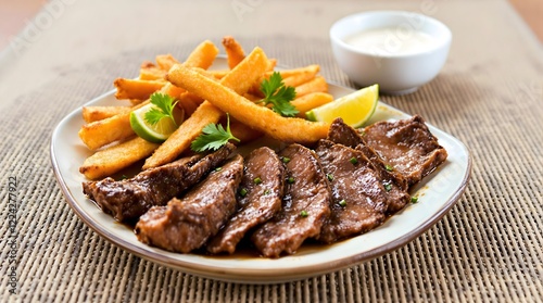 Carne de Sol com Aipim Frito (Sun-Dried Beef with Fried Cassava) served with fresh lime wedges (Bahian Cuisine)