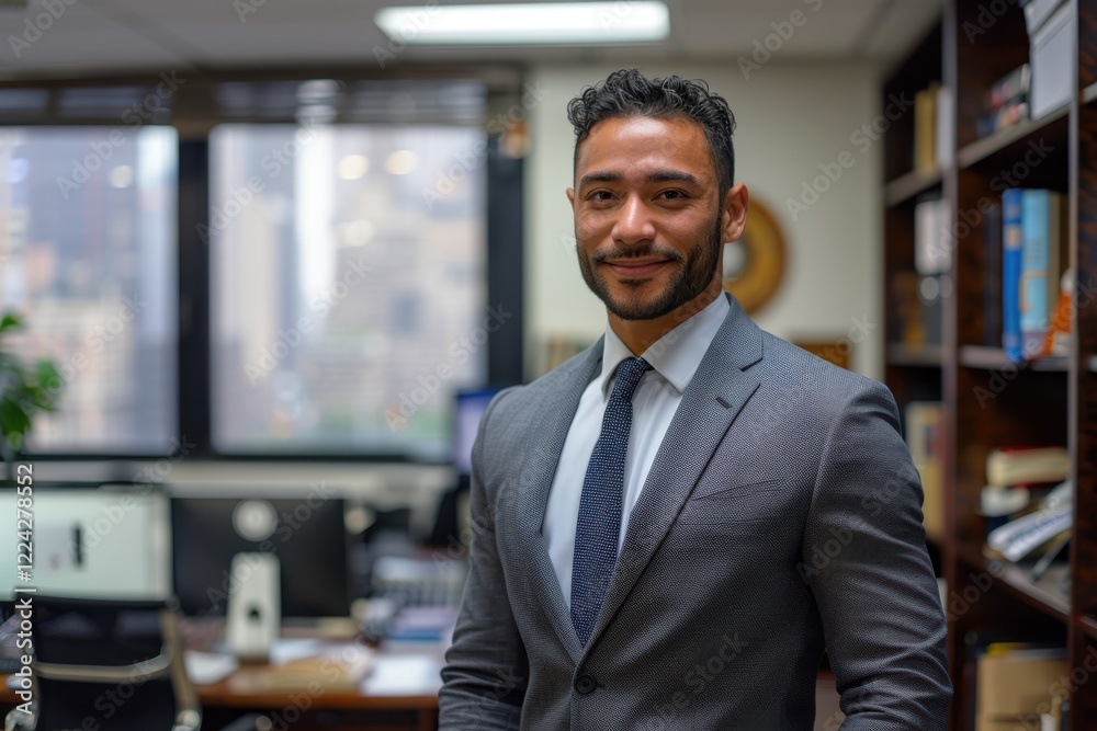 A business man stands confidently in a formal office setting, facing the camera with a professional demeanor. The office environment is visible, featuring desks, shelves with binders A business man stands confidently in a formal office setting, facing the camera with a professional demeanor. The office environment is visible, featuring desks, shelves with binders