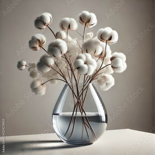 A beautiful bouquet of cotton flowers in clear glass vase, isolated on a white background, perfect for a wedding or gift, symbolizing love