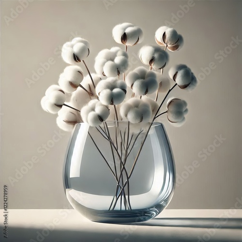 A beautiful bouquet of cotton flowers in clear glass vase, isolated on a white background, perfect for a wedding or gift, symbolizing love photo