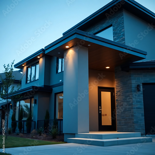 Modern Architectural House Exterior at Night.  Luxury Home Design, Real Estate, Contemporary Architecture, Residential Property