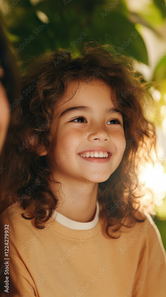 Smiling Hispanic Child with Curly Hair in Sunlit Garden