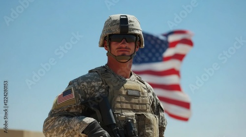 A proud American soldier in full military uniform, standing tall with the American flag waving behind him, under a bright blue sky, symbolizing patriotism and strength 7b5a36a84cf7