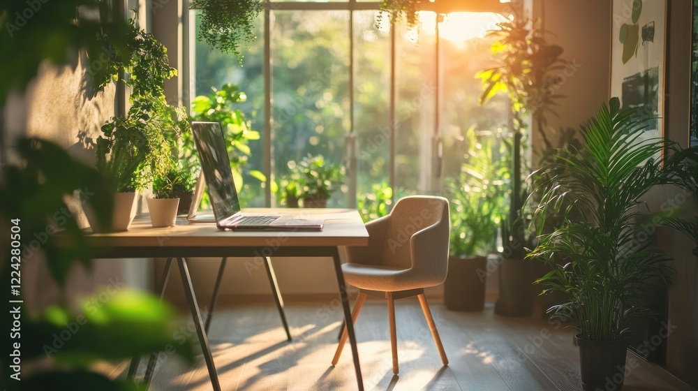 Fototapeta premium Sunlit contemporary office with minimalist furniture and abundant indoor plants creating a serene workspace