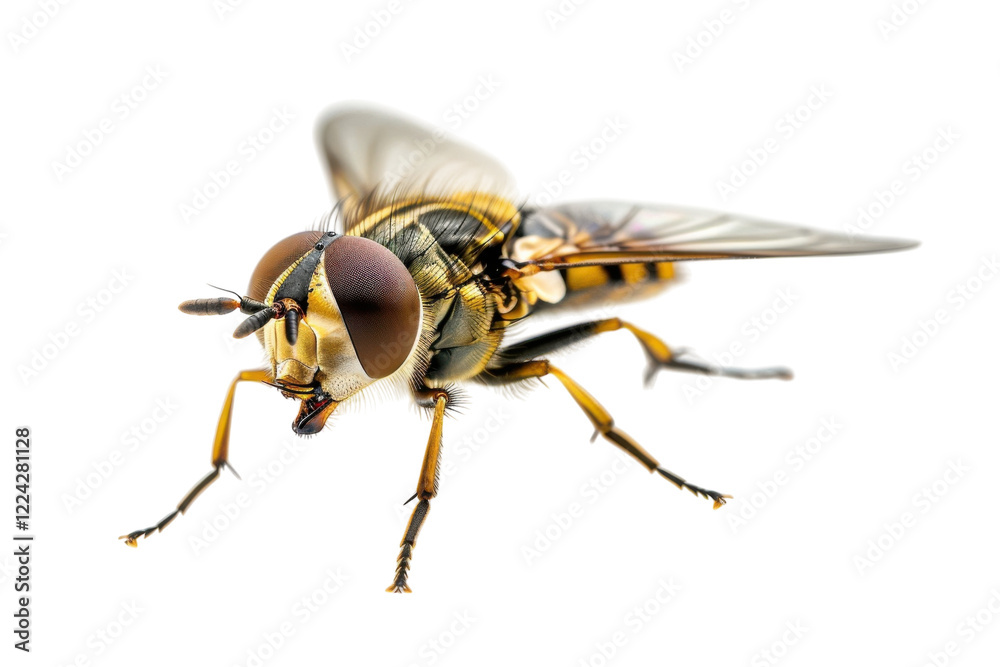 Intricate details of a hoverfly perched gracefully on a white surface, captured in stunning clarity during bright daylight isolated on transparent background Intricate details of a hoverfly perched gracefully on a white surface, captured in stunning clarity during bright daylight isolated on transparent background