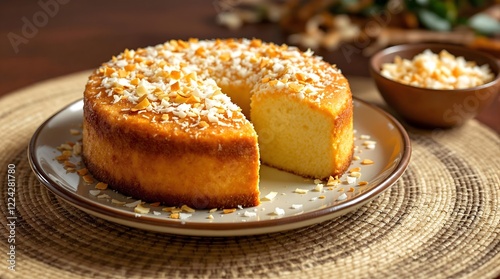 Bolo de Coco Queimado (Burnt Coconut Cake) garnished with toasted coconut flakes (Bahian Cuisine) photo