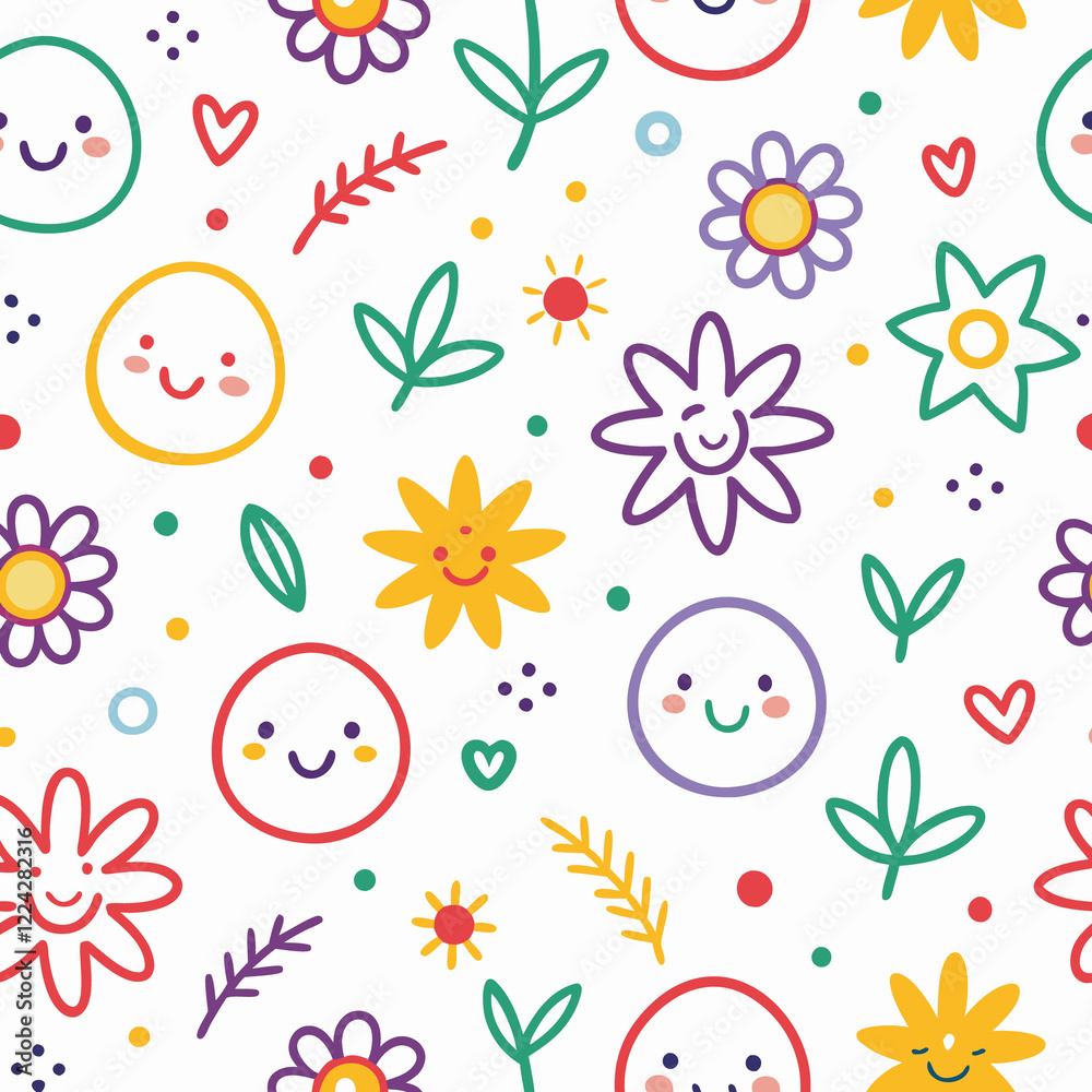 Happy flowers and smiley faces seamless pattern. Happy flowers and smiley faces seamless pattern.