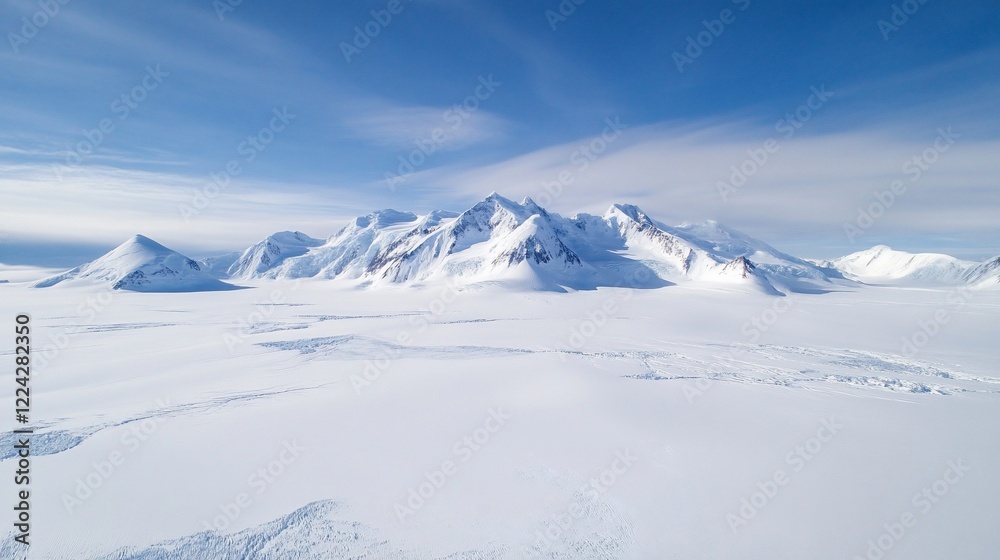 Obraz premium Panoramic view of snow-covered mountains and vast Antarctic plains under a clear blue sky.