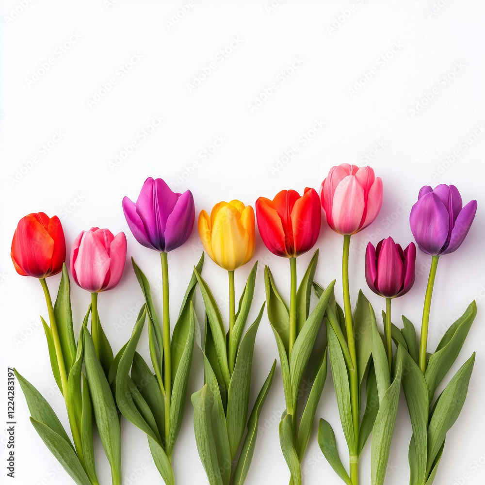 Obraz premium A vibrant floral arrangement featuring colorful flowers in shades of pink, blue, orange, and white with lush green leaves. A bright and elegant botanical composition on a white background.
