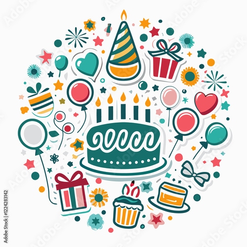 Festive birthday party elements in a circle. (1)