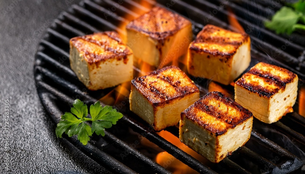 Delicious grilled paneer cubes on fire barbecue grill