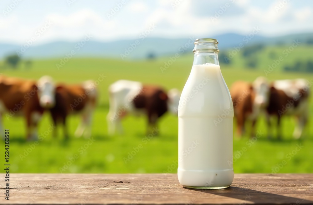 Milk bottle on the background of cows, farms, milk mockup, dairy farm, for advertising Milk bottle on the background of cows, farms, milk mockup, dairy farm, for advertising